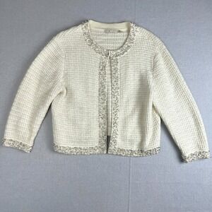 Alice + Olivia Akira Embellished Textured Beaded Cardigan In Soft White Size L